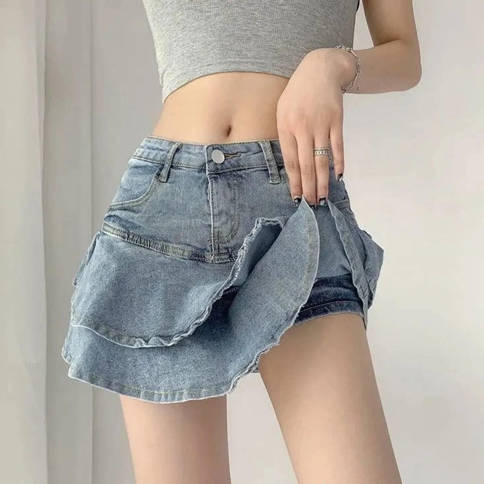 Women Summer High Waist ALine Mini Cake Jeans Skirt Vintage Washed Pleated Ruffles Layered Tiered Casual Slim Denim Streetwear 250610A