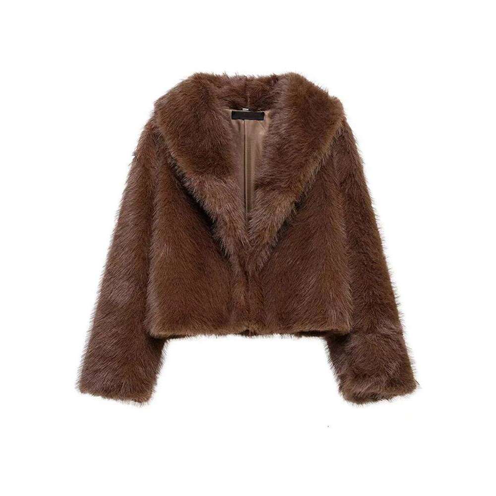Vintage Lapel Faux Fur Short Coat Women Brown Long Sleeve Warm Thick Loose Jacket 2024 Autumn Winter Lady High Street Outwear
