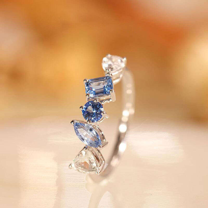 Blue Rainbow Ring for Women Ins Gold Plated Inlaid Colorful Zircon Fashion Light Luxury Small Niche