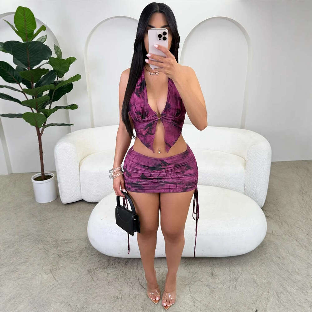 Summer New Women's Fashion Personality Sexy Printed Backless Top Bodycon Skirt Set B5