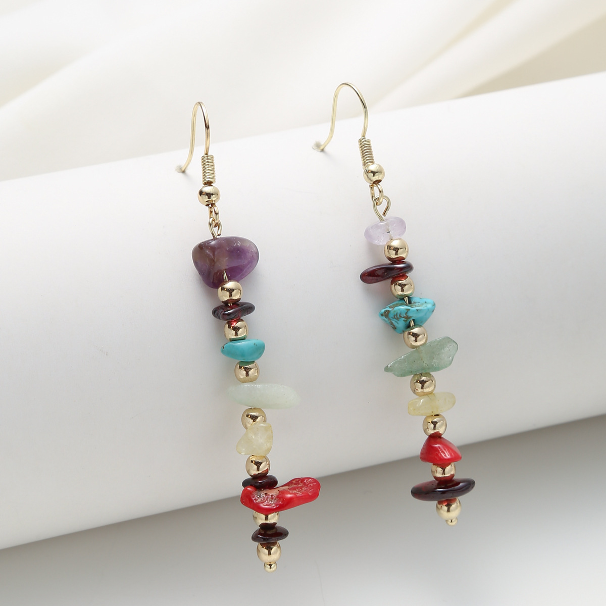 Creative Irregular Personality Inlaid Colorful Natural Stone Studs Versatile Beaded Drop Earrings