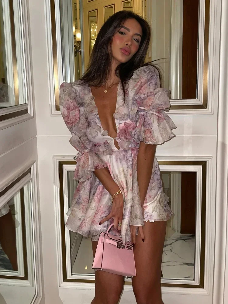 Women Chic Printed Chiffon Mini Dress Lady Sexy Deep V Neck Puff Sleeve Pleated Short Dresses Summer Evening Party Vestidos 250614