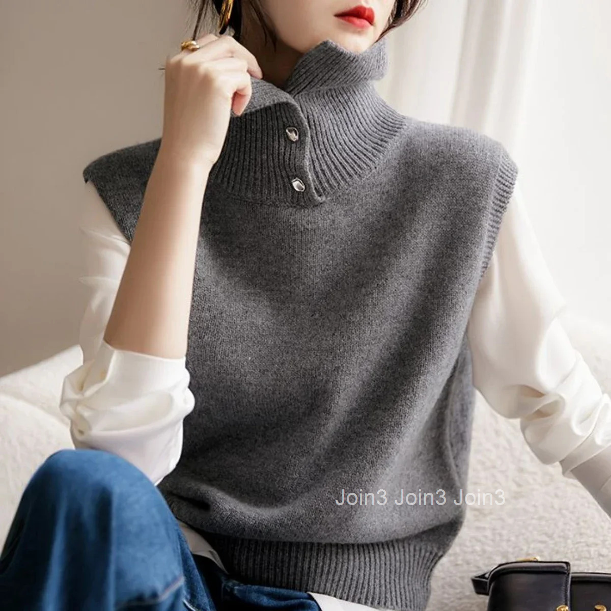 Winter Button Ladies Sweaters Grey Knitted Top for Women Gigh Neck Jerseys Vest Turtleneck Autumn 2025 Cold Jumper Korean Luxury