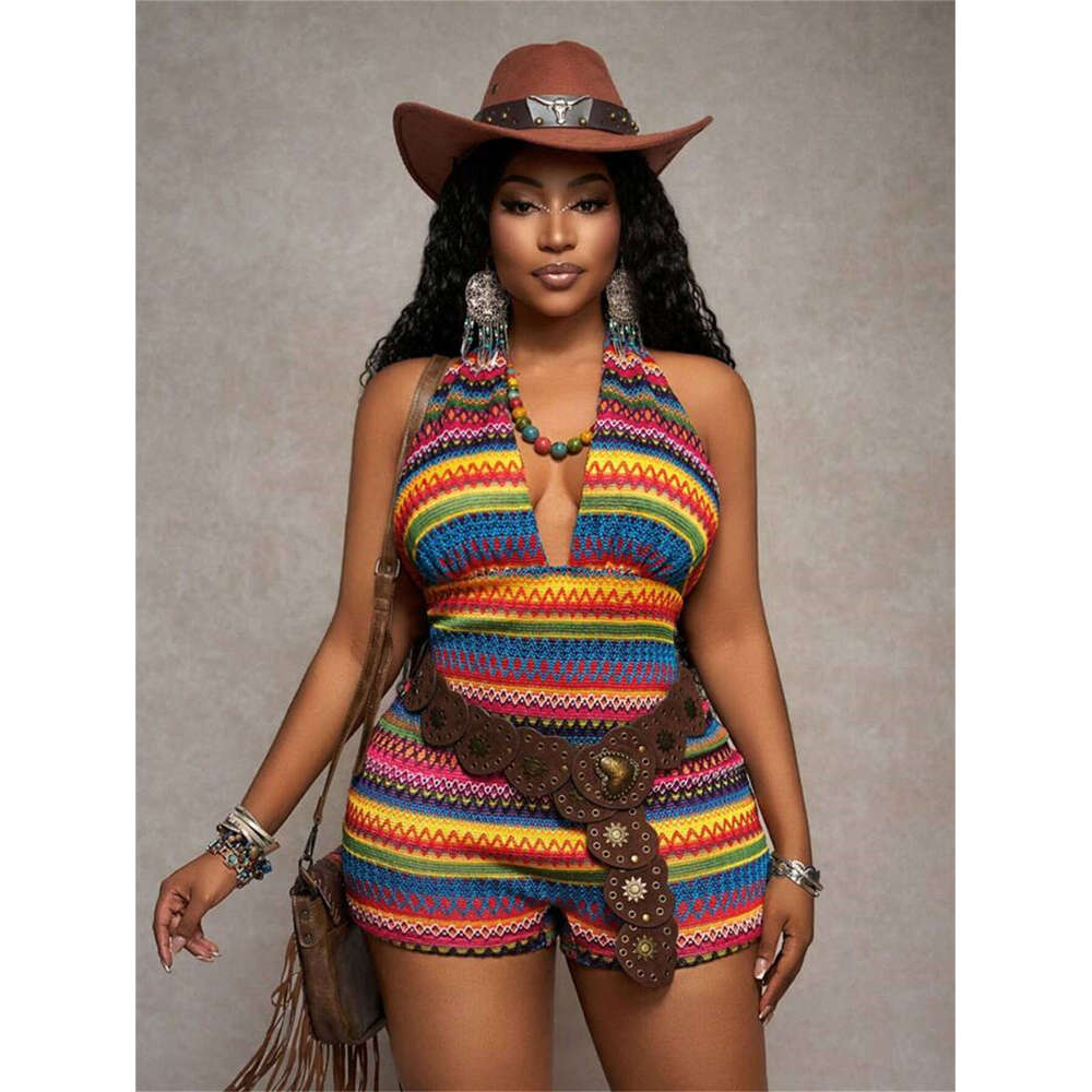 Summer Ethnic Style Backless Knit Deep V Sexy Sleeveless Slim Fit Jumpsuit Shorts B5