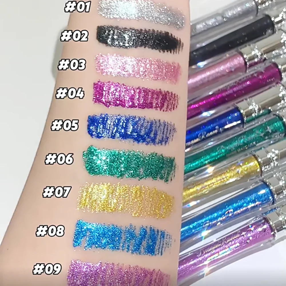 9-Color Sparkling Diamond Mascara Waterproof Smudge-Proof Volume Curl Eyelash Extension Glitter Golden Crystal Scepter Makeup 250618