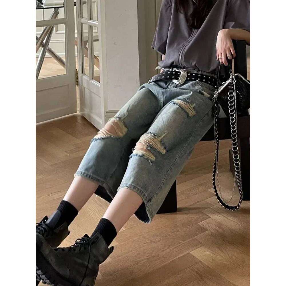 Wear HOUZHOU Vintage Blue Ripped Short Jeans Women Oversized Distressed Jorts Y2k Grunge Baggy Boyfriend Denim Shorts Wide Streetwear