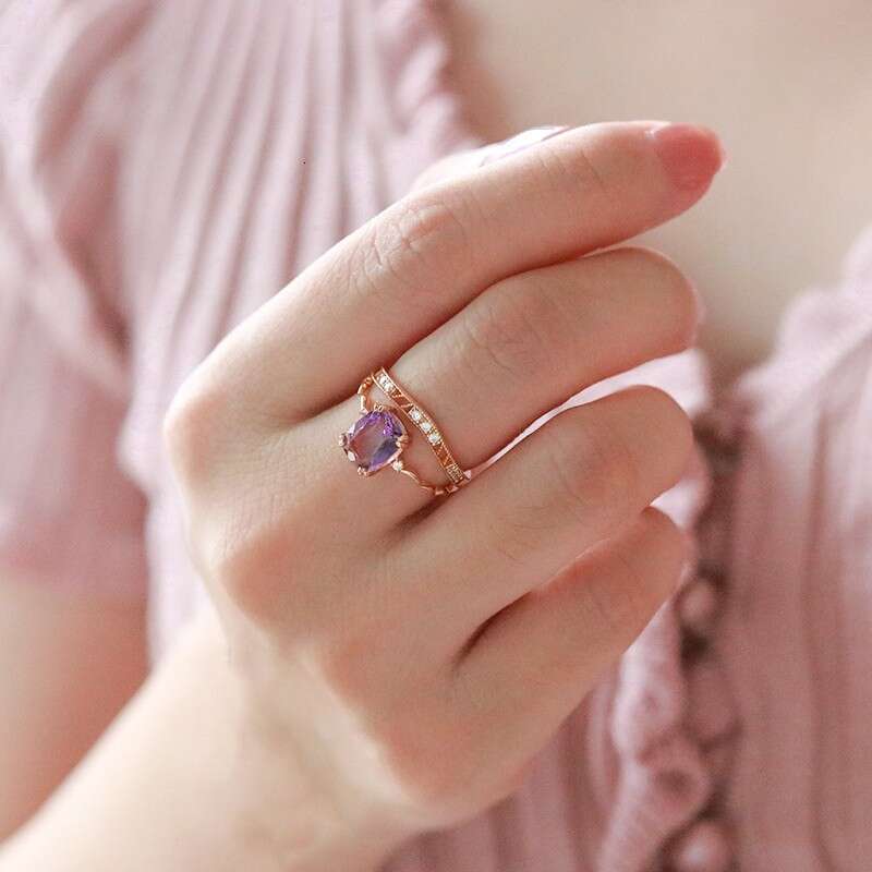 Amethyst Square Cut Shiny Imitation Zircon Wave Light Luxury Versatile Ring Trendy Gentle Women