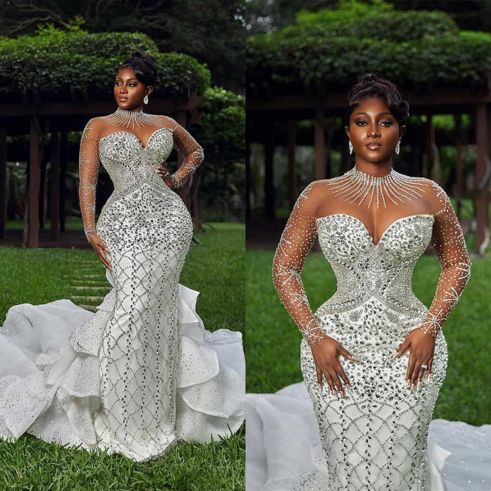 Customzied Mermaid Wedding Dresses Luxury Crystal Beading High Neck Long Sleeve Tiered Ruffles Bridal Gowns Robe Vestido De Novia