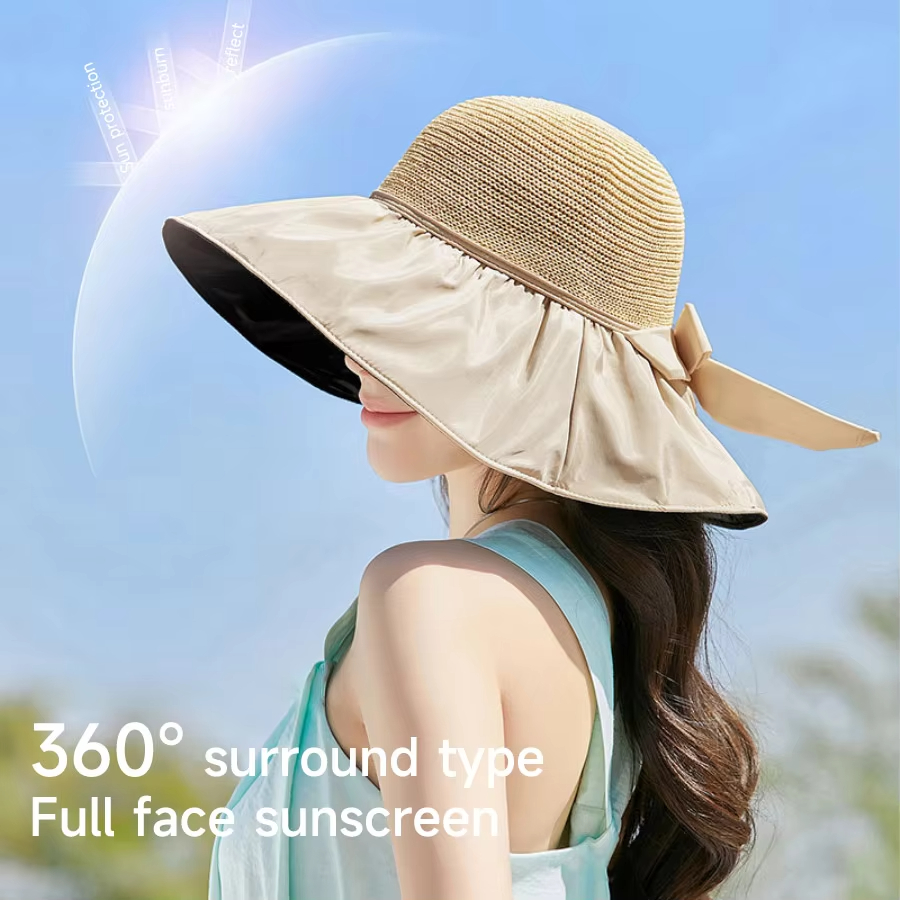 UPF 50+ Black Coating & Bow Sun Hat Women Summer Outdoor Sun Protection Wide Brim Hat Foldable Bucket Hat Beach Cap Fold Fisherman Cap Quick Dry Straw