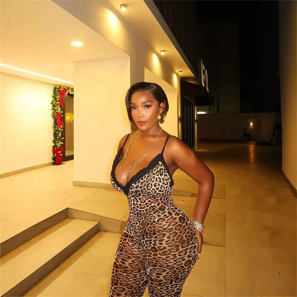 Leopard Print Lace Mature Patchwork V-Neck Slim Sexy Camisole Top With 7/8 Pants Set B5