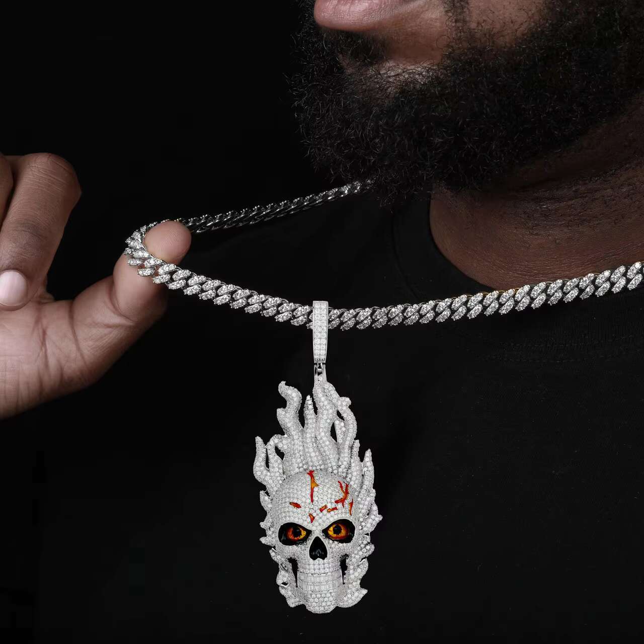New Arrival 925 Solid Iced Out Moissanite Fire Skull Pendant Necklace Hip Hop Style Stylish and Unique