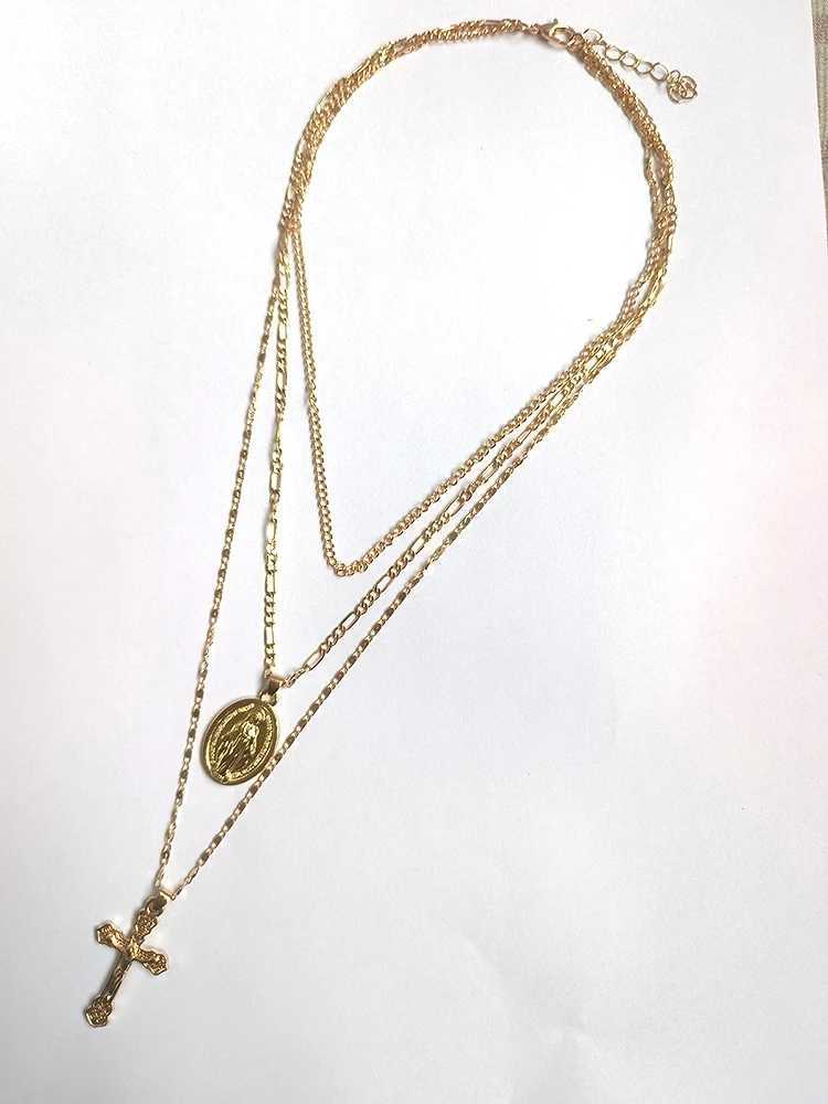 Three Layer Necklace Oval-shaped Virgin Mary Madonna Pendant Jesus Cross Metal Plated Chain Women Gift W250618