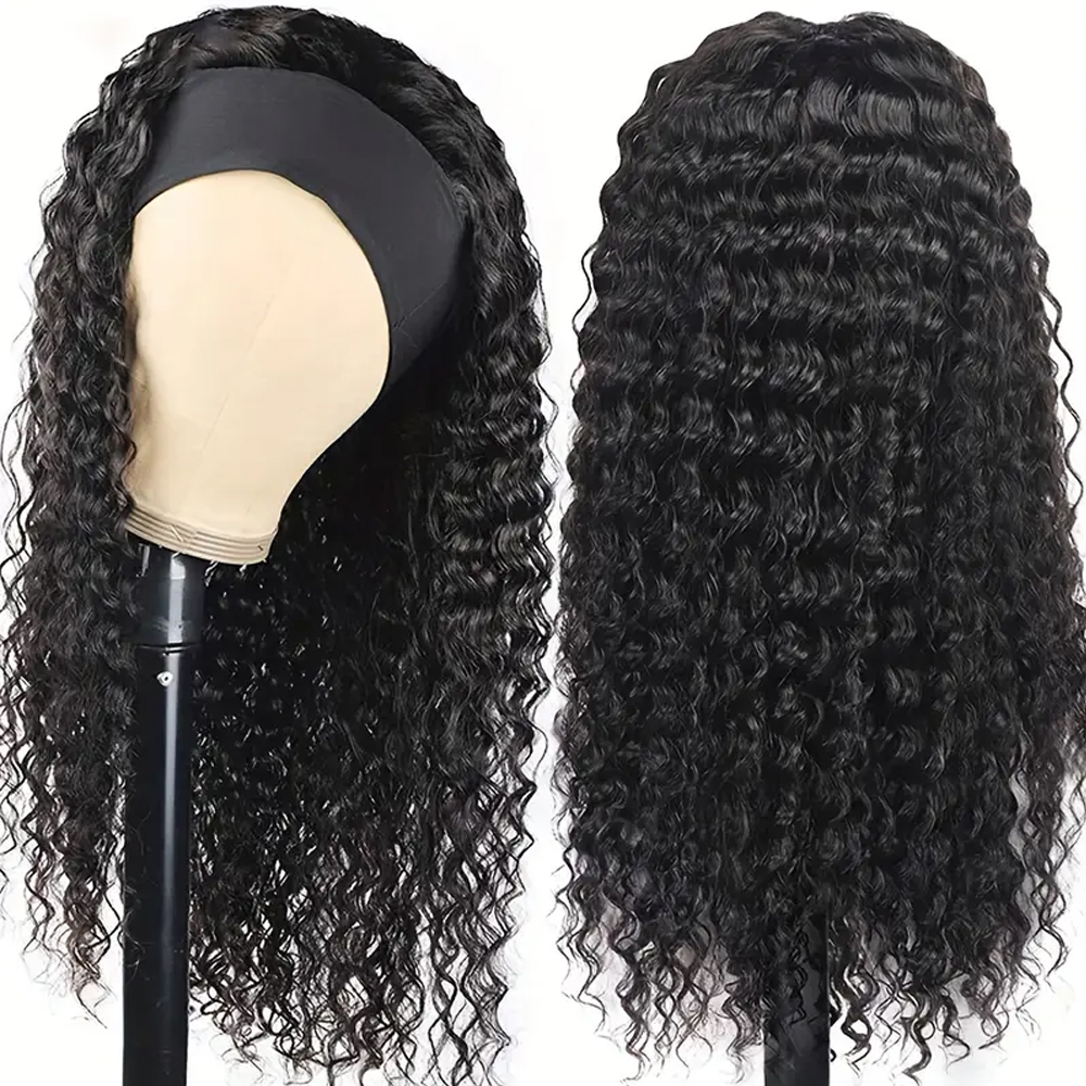 Deep Wave Headband Wig Human Hair Full Machine Made 250% Density Deep Curly Glueless Wig 100% Human Hair For Black Women Easy to Go