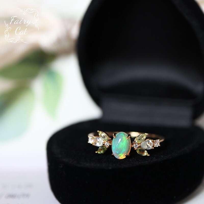 Natural Opal Protein Stone Peridot White Crystal Leaf Light Luxury Same Style 14K Plated Ring