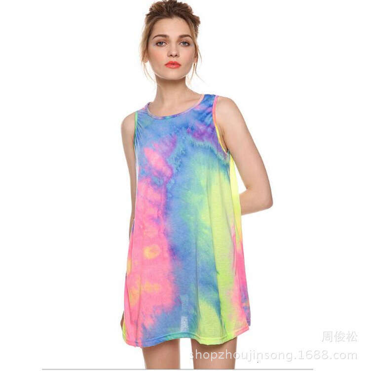 Summer New Sleeveless Vibrant Tie-Dye Colorful Tank Dress B5