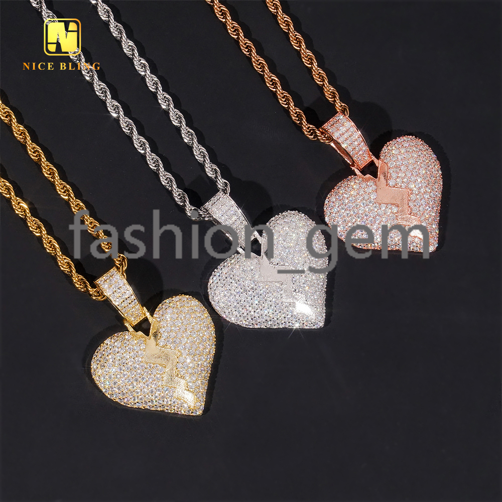 GRA Certificated 925 Sterling Silver Moissanite Pendant Broken Heart Iced Out Hip Hop Jewelry Pendants