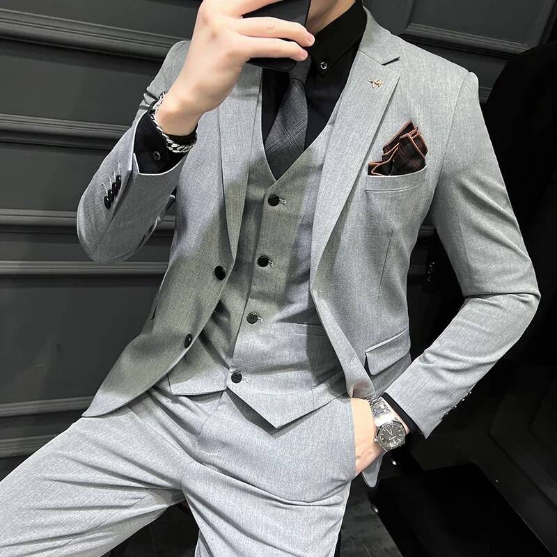 ( Blazer Vest + Pants ) Boutique Fashion Solid Color Men's Slim Casual Business Suit Three-Piece Set Groom Wedding Dress Party