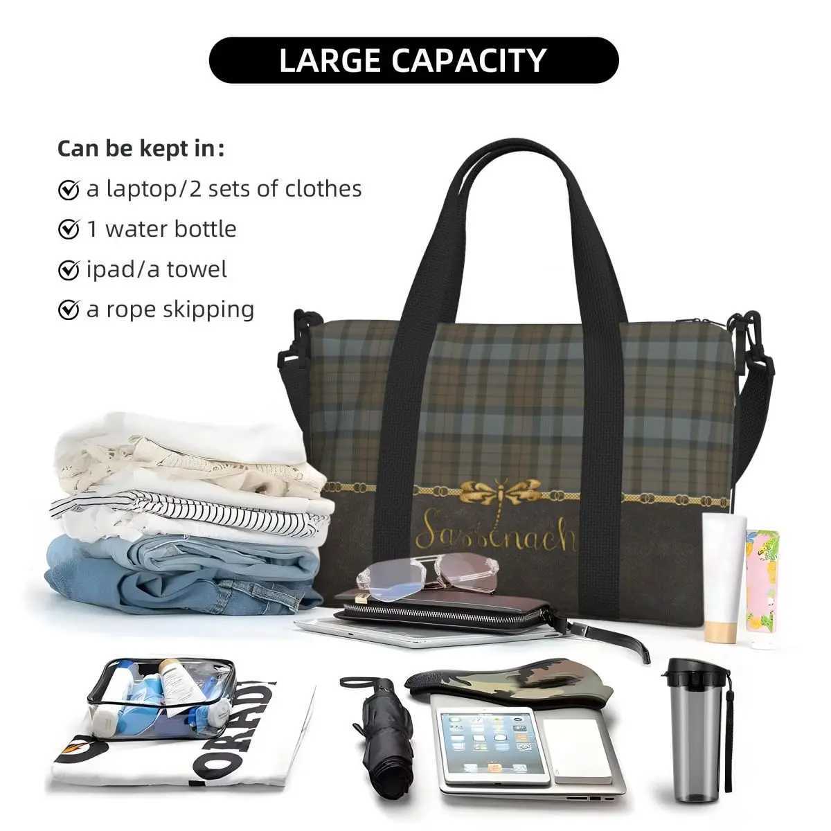 Custom Leather And Tartan Sassenach Dragonfly Pattern Tote Bag Large Capacity Modern Plaid Check Texture Gym Beach Travel Bags W250618