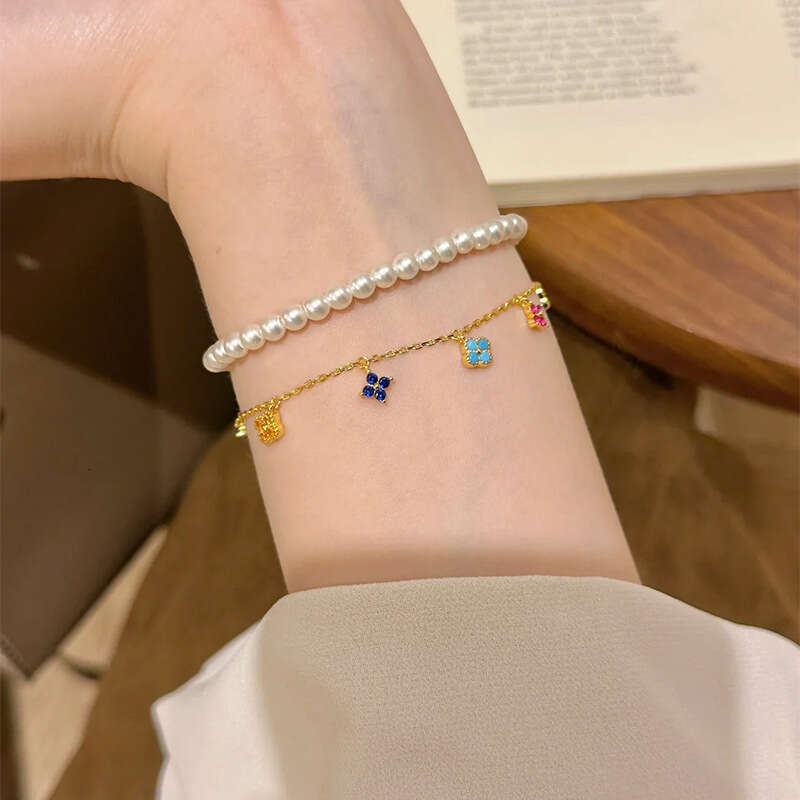 Luxury Jewelry Designer Bracelet S925 Pure Silver Lucky Four Leaf Flower Mini Four Leaf Flower Colorful Bracelet Versatile Summer Style Bracelet