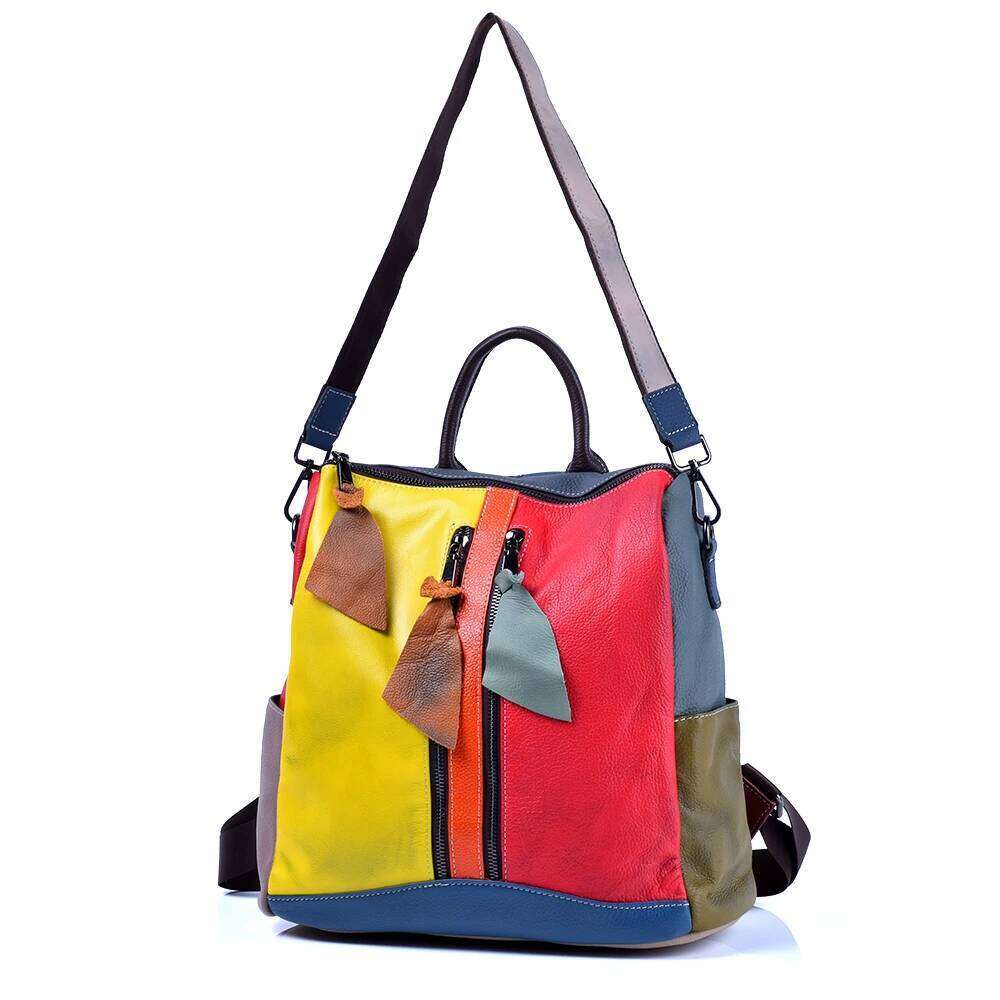 Genuine Leather Cowhide Women Backpack Colorful Vintage Clash Casual Handmade Women's Shoulder Bags