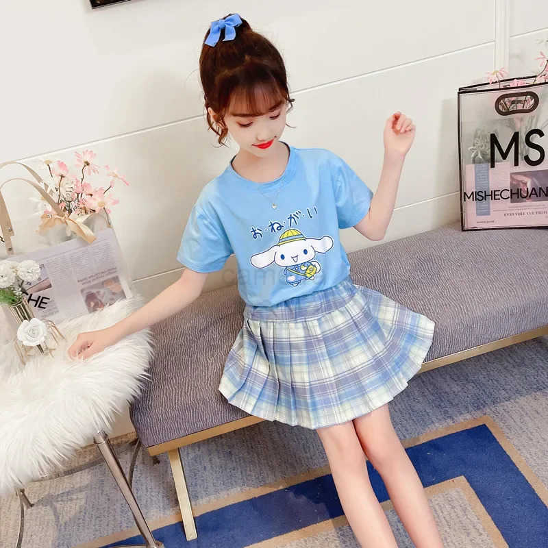Sanrio 2024 Summer Childrens Clothes Kawaii Miniso My Melody Cinnamoroll Girl T-Shirt JK Plaid Pleated Skirt Anime Cartoon Uniform Set XJ250618XJ25061