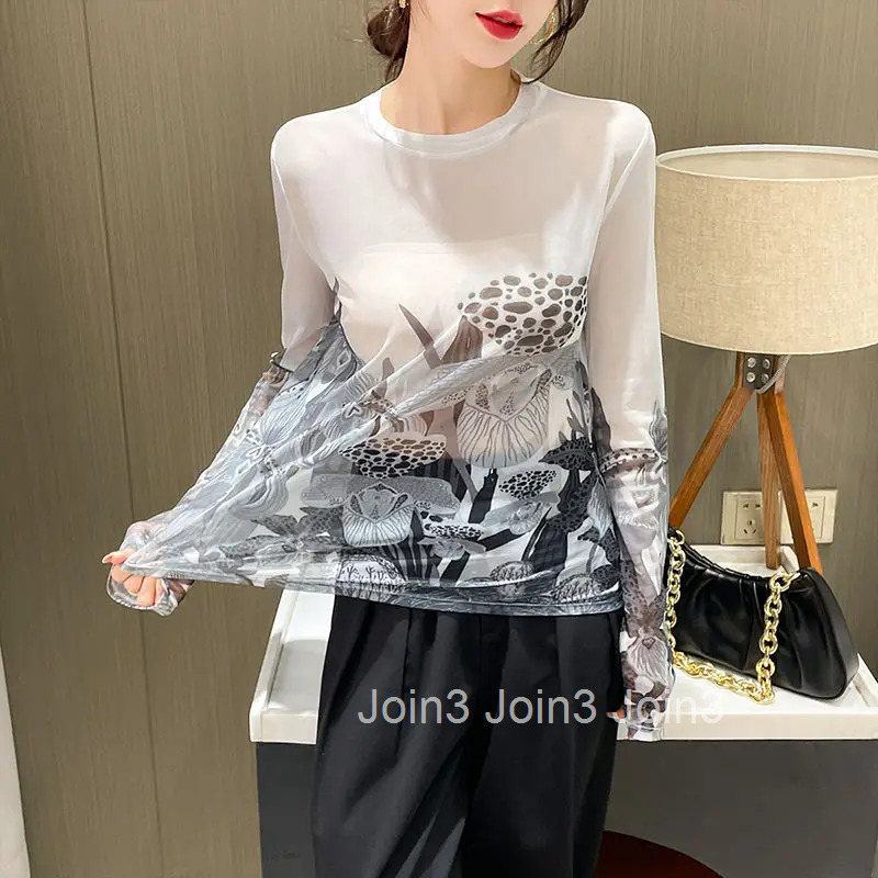 Mesh Clothing 2025 Sexy Woman T-shirt Skinny with Print Top for Women Korea Stylish Luxury High Tshirt Quality One Piece Alt Tee