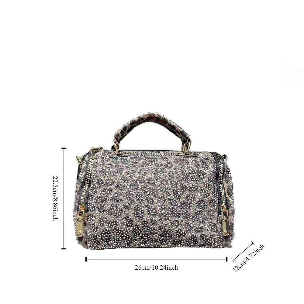 Women's Fashion Inlaid Dia Handbag Large Capacity Leopard Print Shoulder Crossbody Bag