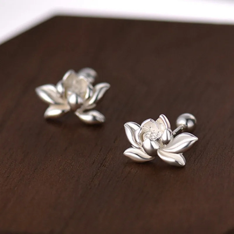 925 Sterling Silver Lotu Flower Stud Earrings for Women Vintage Plant Mini Korean Fashion Earring Piercing Jewelry 250618
