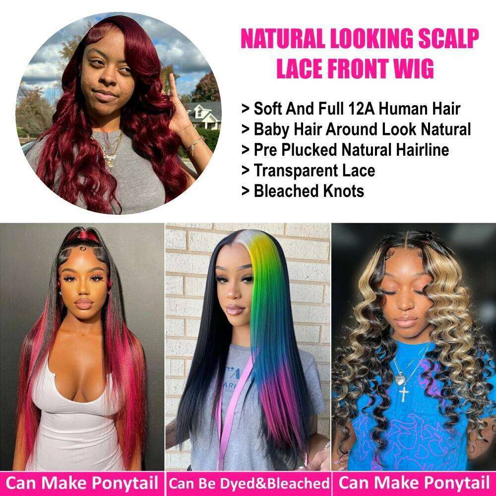 34 36 Inch 200% Brazilian Bury Red Colored Body Wave 13x6 Human 5x5 Lace Closure Wig PrePlucked With Baby Hair