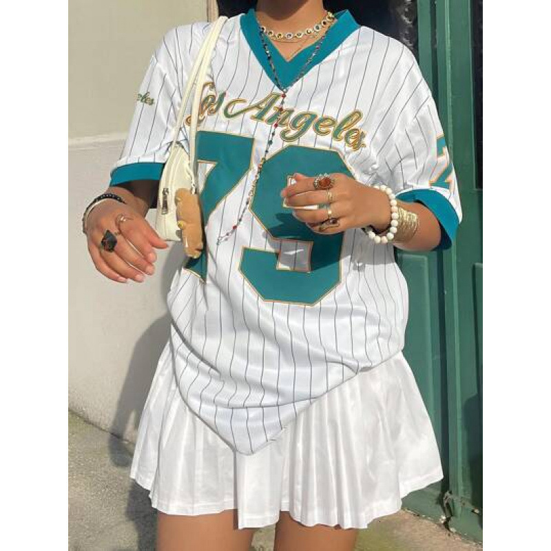 2025 Sports Style Trendy American Jersey Loose Street V-neck Striped Short Sleeve T-shirt Top 250407