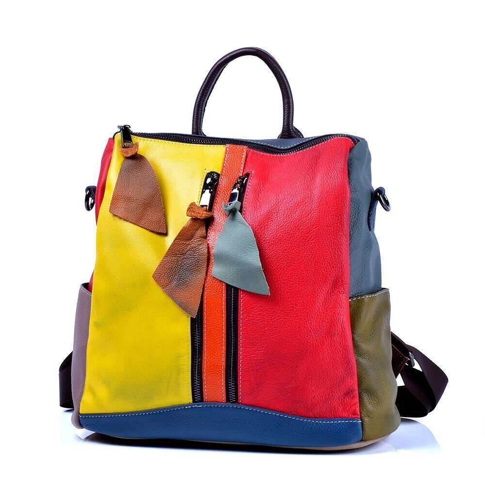 Genuine Leather Cowhide Women Backpack Colorful Vintage Clash Casual Handmade Women's Shoulder Bags