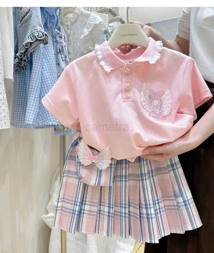 Sanrio Kawaii Kuromi Kids Plaid Skirt Set Korean Childrens Clothes Summer Fashion Sanrio Anime Cute Girl T-Shirt Pleated Skirt 2PcsXJ250618