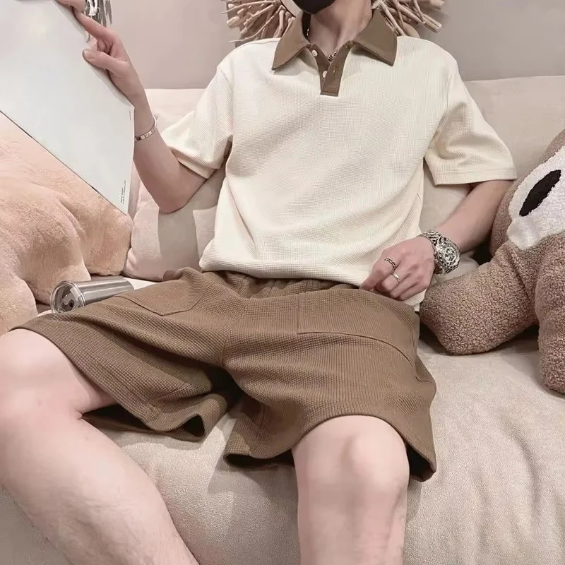 Tracksuit No Shorts Sets Sportswear T Shirt Man Khaki Mens Clothing Cool Sports Suits Korean Style Top 2 Piece Outfit XL 250617