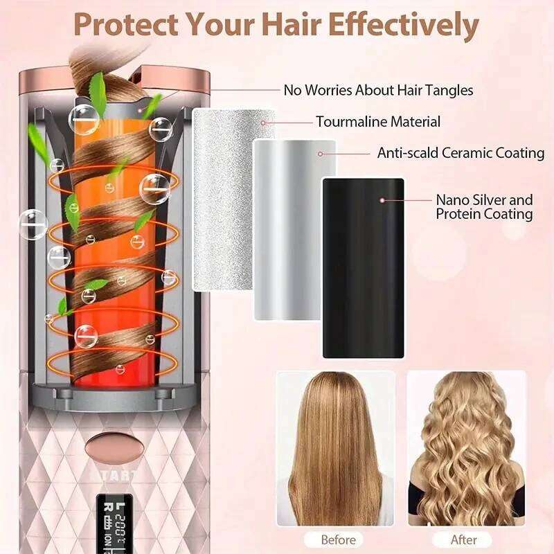 Wireless Electric Portable Travel Home Use Timing 6 Temp. LED Cordless Automatic Hair Curler for Curls or Waves