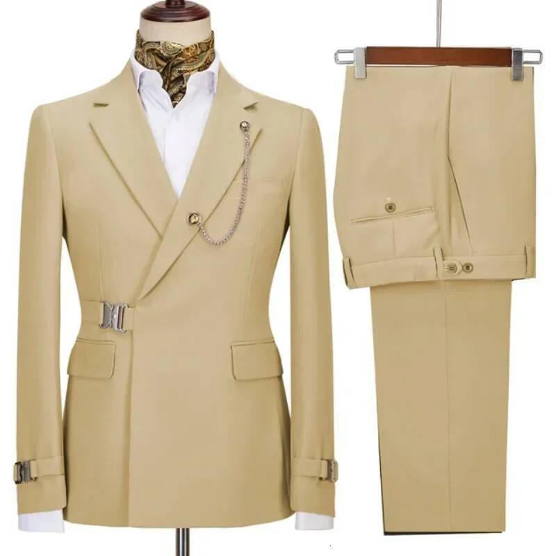 2 Pieces Green Belt Double Breasted Mens Coat Pant Latest Design Wedding Suits Groom Prom Tuxedos Blazer Set