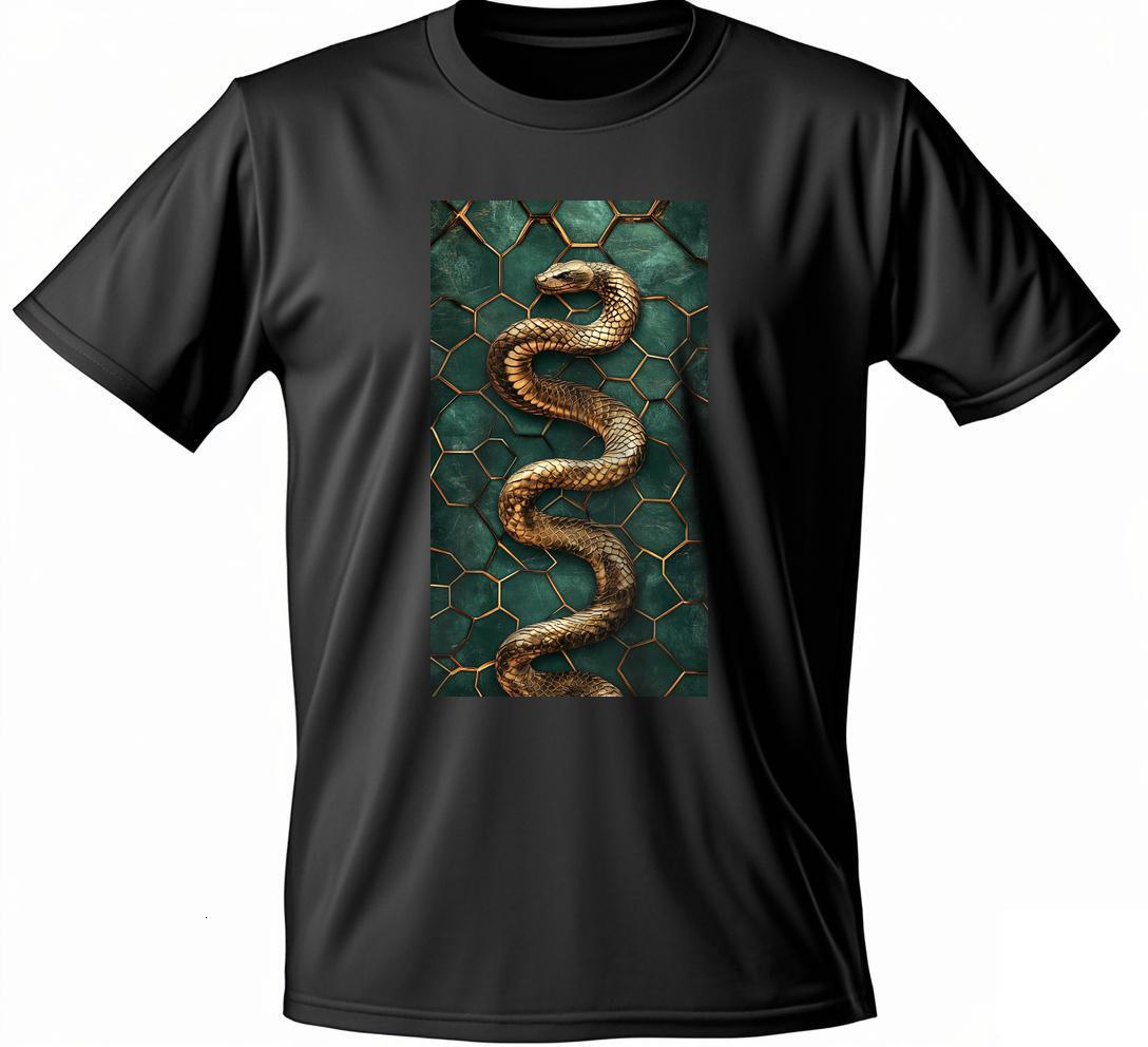 T-shirt with a gold snake on it ' s chest T Shirts Round collar