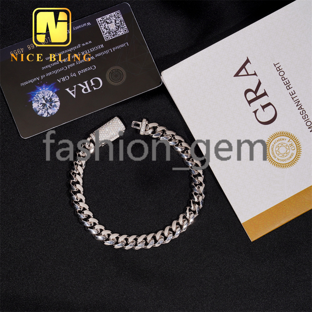 Moissanite Clasp Pain Miami Cuban Links 8MM Iced Out Diamond Lock 925 Silver Cuban Chain Necklace Bracelet