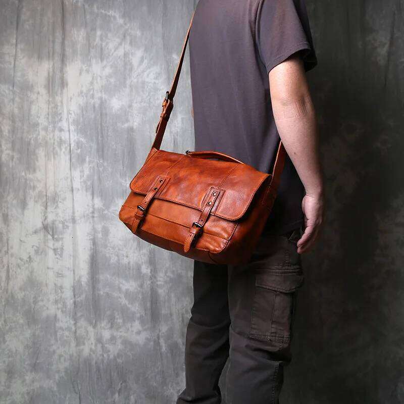 JLFGPJ Texture Original Vintage Old Rubbed Color Vegetable Tanned Cowhide Crossbody Bag Men's Genuine Leather Handheld Briefcase
