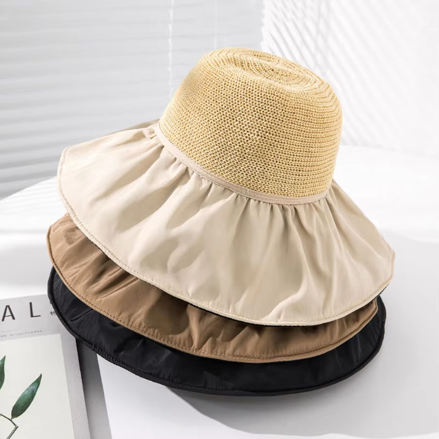UPF 50+ Black Coating & Bow Sun Hat Women Summer Outdoor Sun Protection Wide Brim Hat Foldable Bucket Hat Beach Cap Fold Fisherman Cap Quick Dry Straw