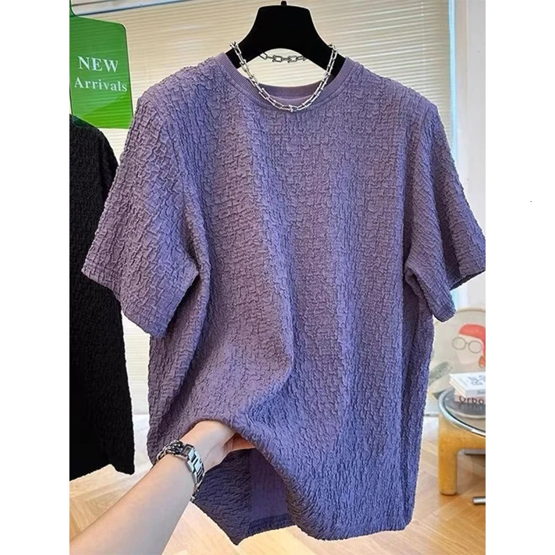 Korean Fashion Summer T-Shirts Mens O-neck Panelled Hollow Out Jacquard Weave Temperament Casual Loose Short Sleeved Knit Tops 250617