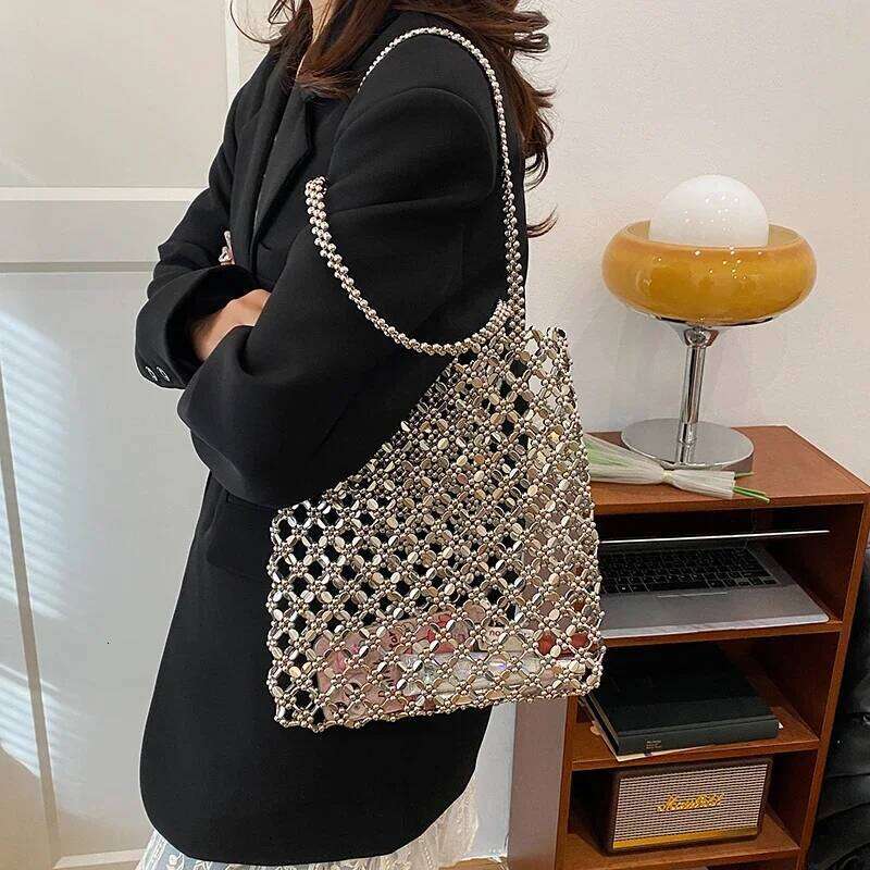European and American Shoulder Shiny Sier Crystal Handbag Hollow Out Beach Lady Designer Underarm Shopper Bag