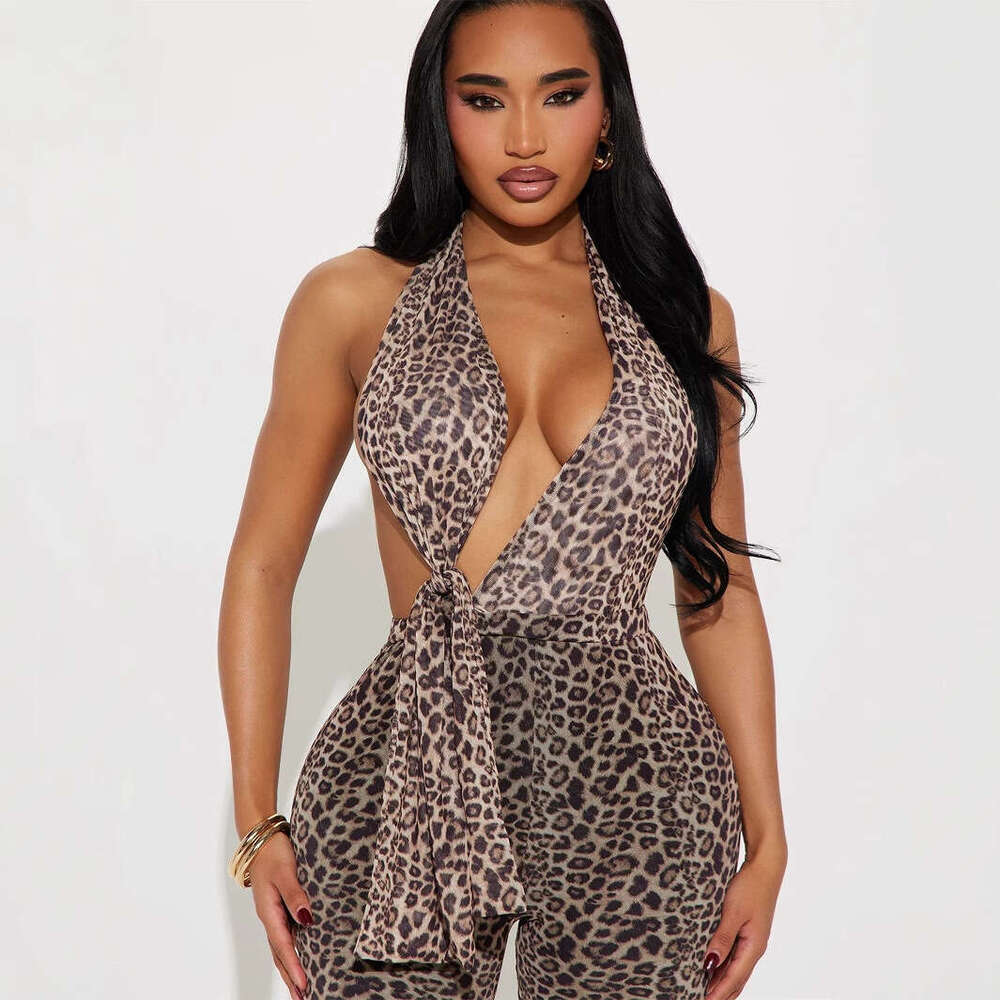 Women's Fashion Sexy Hot Girl Halter Tie Tight Printed Leopard Backless Hip-Lifting Jumpsuit B5