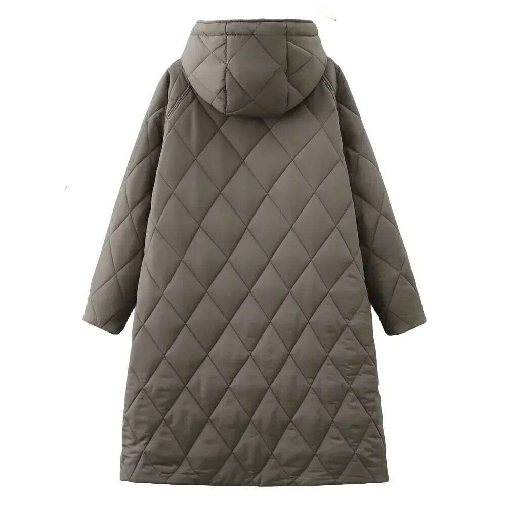 Winter New Women's Clothing Dia Grid Hooded Sleeved Loose Cotton Coat Long Jacket
