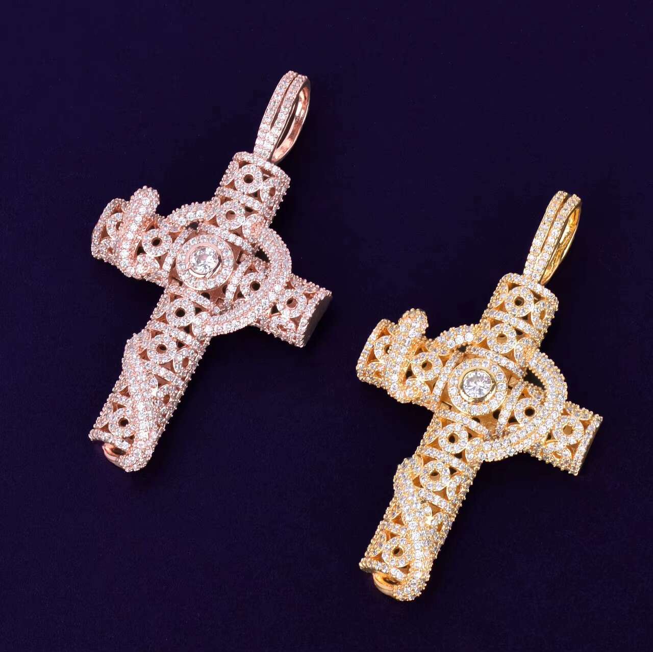 Rose Gold .925 Silver Snake Serpent VVS Diamond CZ Moissanite Cross Pendant Charm