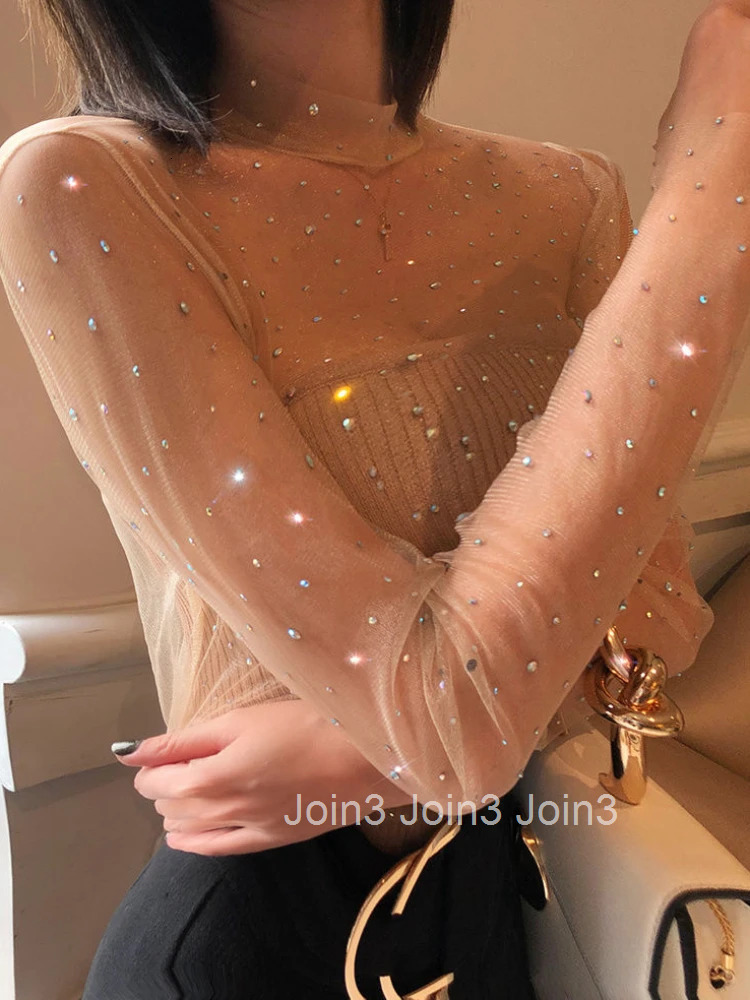 Mesh Sexy Woman T-shirt 2025 Top for Women Clothing Glitter Sequin Tshirt Rhinestone Xxl New in Funny Simple Cheap Stylish O Tee