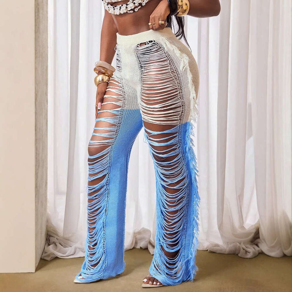 Summer Trendy Women's Fashion Sexy Hollow Out Patchwork Color Block Casual Long Pants B5