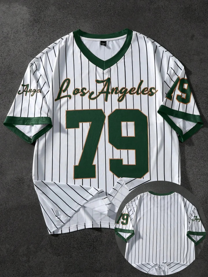 College print mens sweatshirt Vneck black shortsleeved shirt Retro fashion baseball style 250618