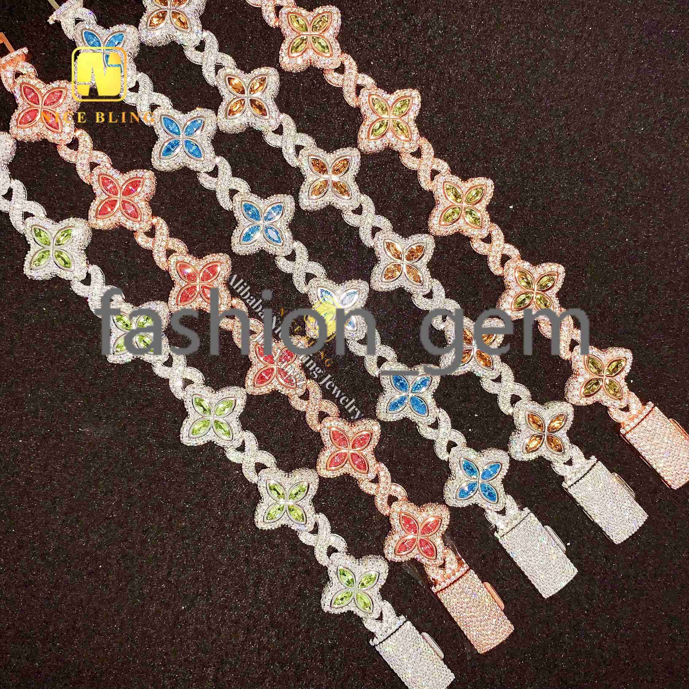 12 Options Colorful Moissanite Flower Cuban Bracelet Ready Stock Hip Hop Fancy Diamond Cuban Link Chain Moissanite 925 Silver