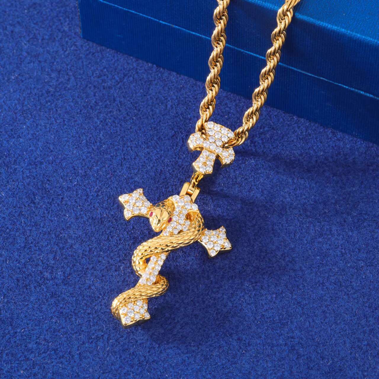 Luxury Mens Moissanite Necklace with Exclusive Solid 925 Sterling Silver Coral Snake Cross Pendant Unique Design