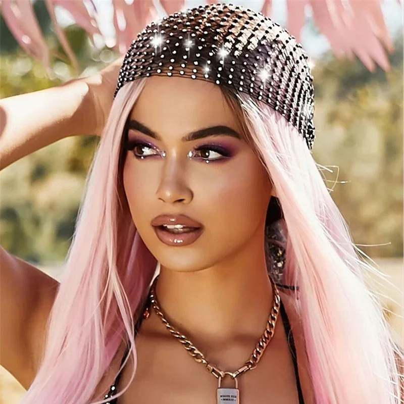 Women Bandana Hair Band Crystal Rhinestone Handkerchiefs For Headwear Fishnet Headscarf Hip Hop Turban Hat Streetwear Headwraps 250617